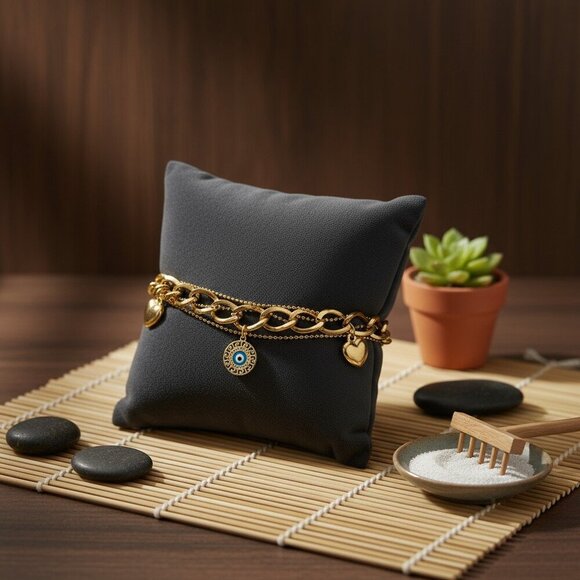 Double Chain 18K Gold Plated Stainless Steel Bracelet with Heart Evil Eye - Picture 10 of 12